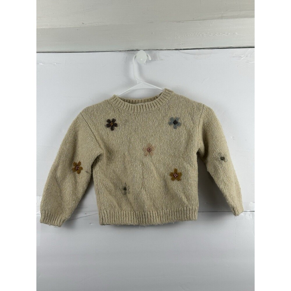 Zara Kids Sweater Oatmeal Knit Floral Embroidered Crew Neck Size 6 Years